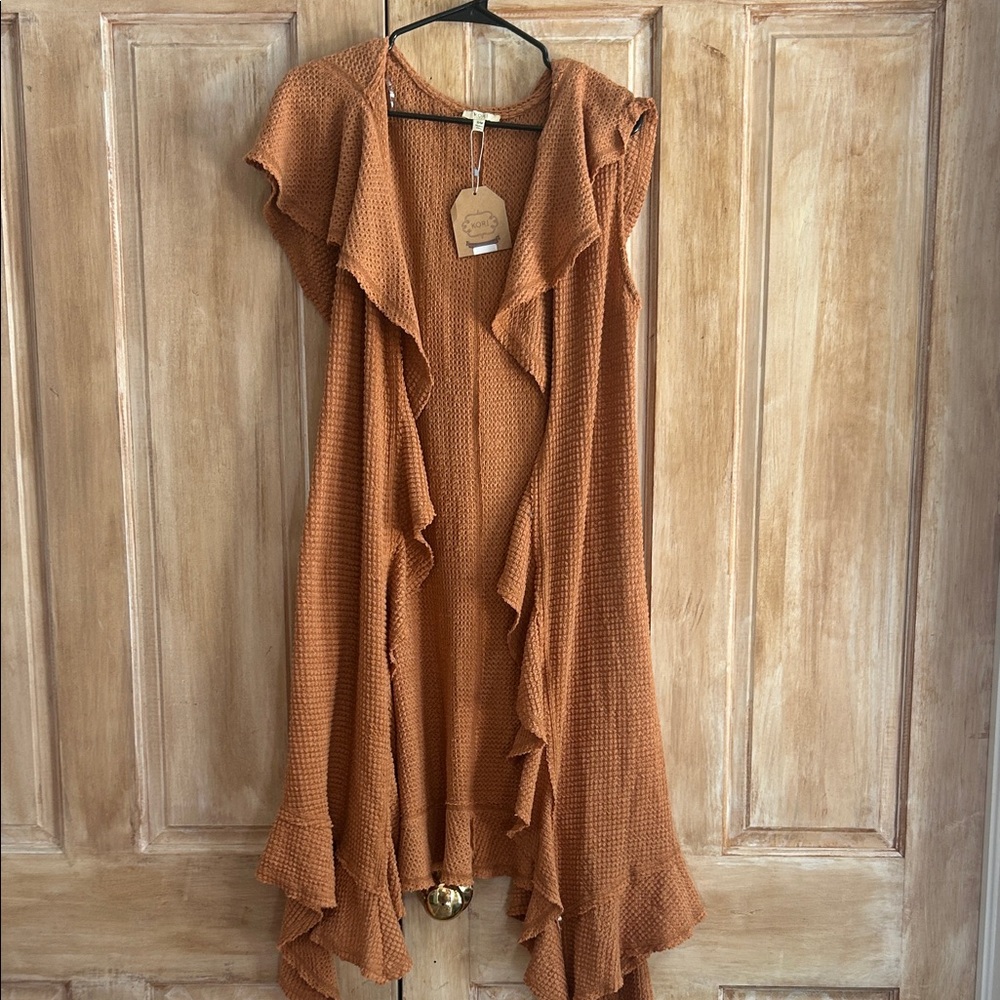 Elegant Women's Tan Ruffle cardigan with hood!